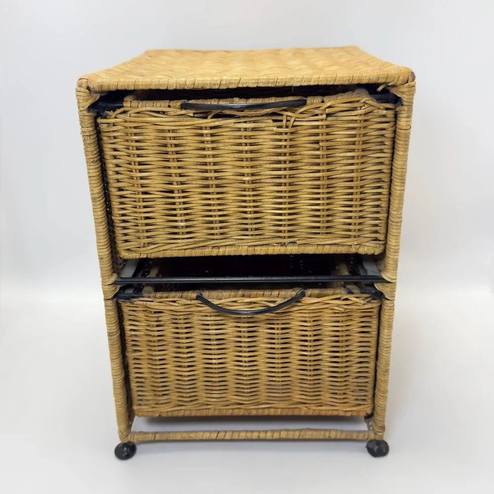 Vintage Two-Tier Handwoven Wicker and Rattan Storage Drawer Unit